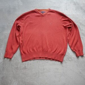 Tommy Hilfiger Mena XL Burnt Orange Two Tone V Neck Knit Preppy Sweater Top
